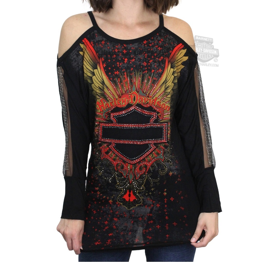 Harley Davidson Moms Spaghetti Black Cold Shoulder Bling Top
